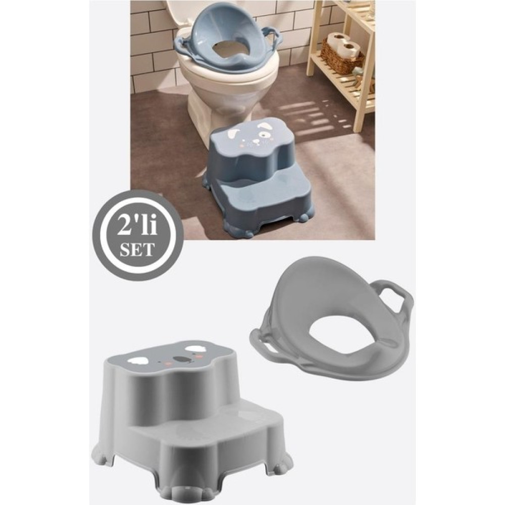 Sepetkitchen Kaydırmaz Çift Basamaklı Çocuk Taburesi ve Klozet Tuvalet Alıştırma Adaptörü 2'li Set - Gri Bebek Banyo-Tuvalet Fiyatı