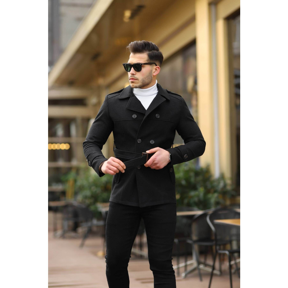 Ser Joven Erkek Siyah Slim Fit Kemerli Kaşe Kaban M Beden Bayan Mont Fiyatı