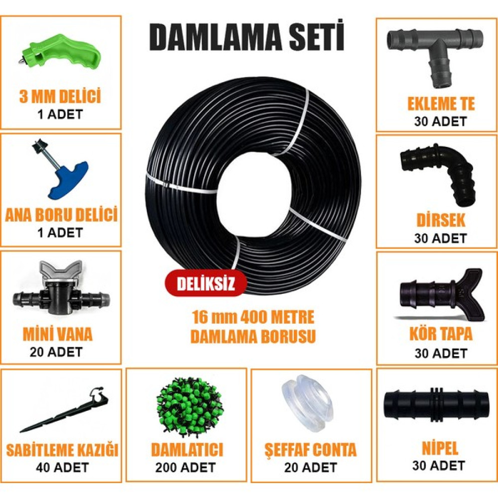 Sera Trend 400 Metre Damla Sulama Seti Damlama Hortumu ve Ek Parçaları Bahçe Ağaç Fidan Sebze Sulama Ekipmanları Damlama Borusu Sistemi Seti - 16mm Bahçe Malzemeleri Fiyatı