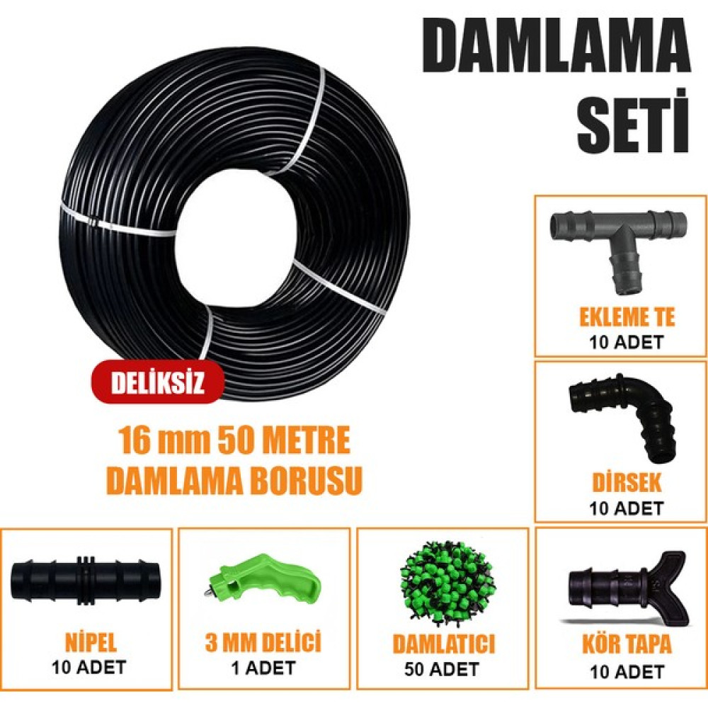 Sera Trend 50 Metre Damla Sulama Sistemi Damlama Borusu ve Ek Parçaları Bahçe Ağaç Fidan Sebze Sulama Ekipmanları Damlama Hortumu - 16mm Bahçe Malzemeleri Fiyatı
