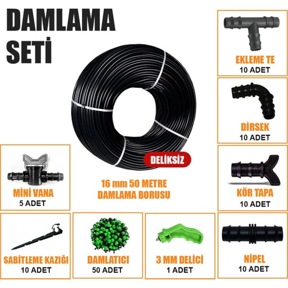Sera Trend 50 Metre Damla Sulama Sistemi Seti Damlama Hortumu ve Ek Parçaları Bahçe Ağaç Fidan Sebze Sulama Ekipmanları Damlama Borusu - 16mm Bahçe Malzemeleri Fiyatı