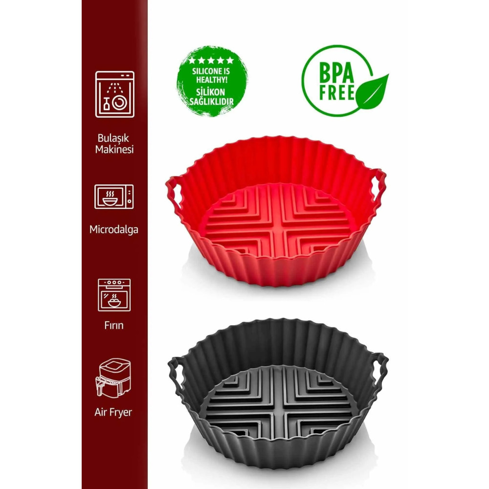 Seram Collection 2adet Airfryer Silikon Pişirme Kabı Bir Siyah Bir Kırmızı Hava Fritözü Kabı Tüm Airfryerlara Uyumlu Pişirme Kağıdı Fiyatı