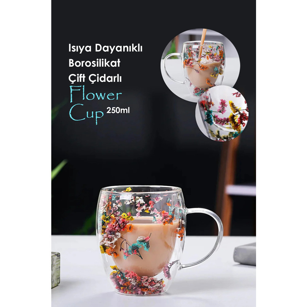 Seram Collection Isıya Dayanıklı Borosilikat Çift Çidarlı Flower Cup Çiçekli Bardak | Çiçekli Kahve Sunum Bardağı Fincan / Bardak / Kahve Takımı Fiyatı