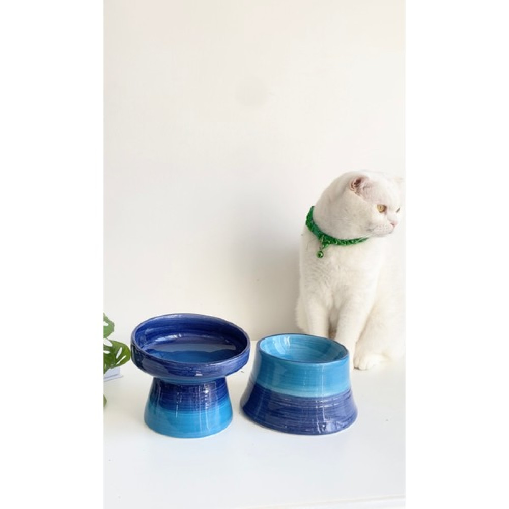 Seramik Kedi ve Köpek Mama Su Kabı (Mavi & Colorful Moon Mavi- Gökkuşağı- 2'li) - Mavi Evcil Hayvan Ürünleri Fiyatı