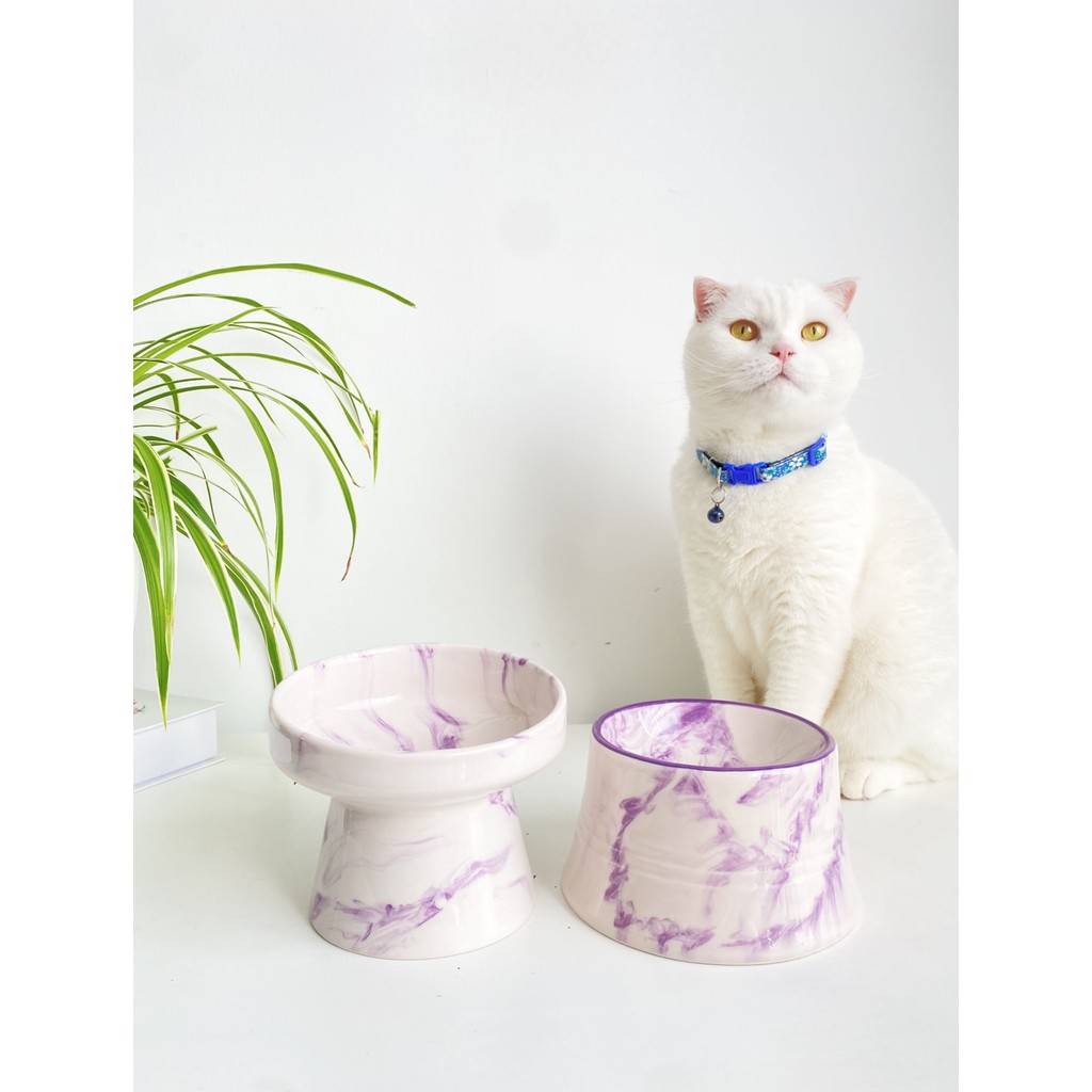 Seramik Kedi ve Köpek Mama Su Kabı (Mor Beyaz & Colorful Moon Mor Çizgili - Ebru Desen- 2'li) Diğer Fiyatı