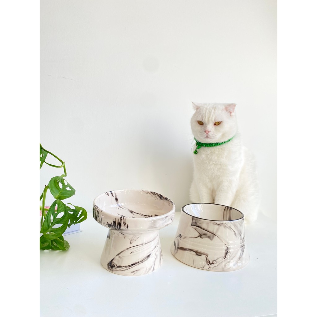 Seramik Kedi ve Köpek Mama Su Kabı (Siyah Beyaz & Colorful Moon Siyah Çizgili - Ebru Desen- 2'li) - Siyah - Beyaz Diğer Fiyatı