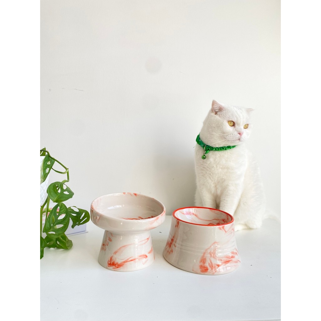 Seramik Kedi ve Köpek Mama Su Kabı (Turuncu Beyaz & Colorful Moon Turuncu Çizgili - Ebru Desen- 2'li) - Turuncu - Beyaz Evcil Hayvan Ürünleri Fiyatı