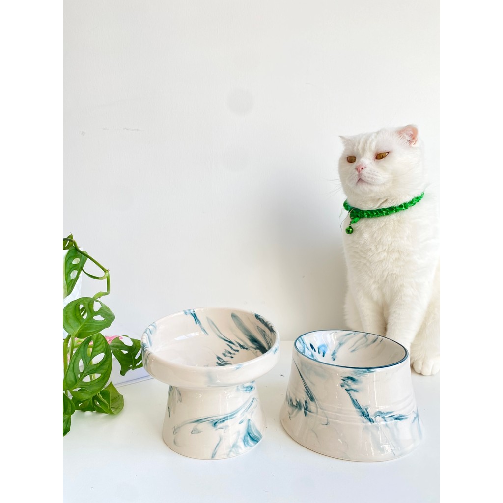 Seramik Kedi ve Köpek Mama Su Kabı (Yeşil Beyaz & Colorful Moon Yeşil Çizgili - Ebru Desen- 2'li) Diğer Fiyatı