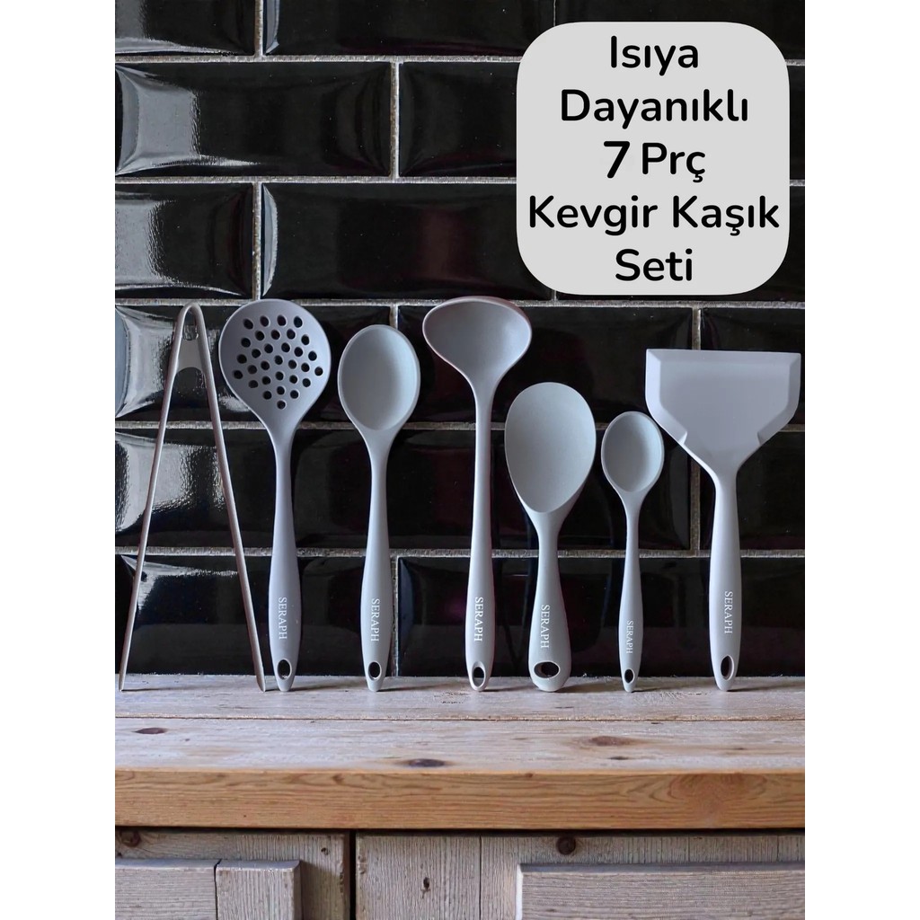 Seraph Isıya Dayanıklı Silikon Kevgir Kepçe Kaşık Spatula Maşa Seti 7 Parça - Gri Diğer Fiyatı