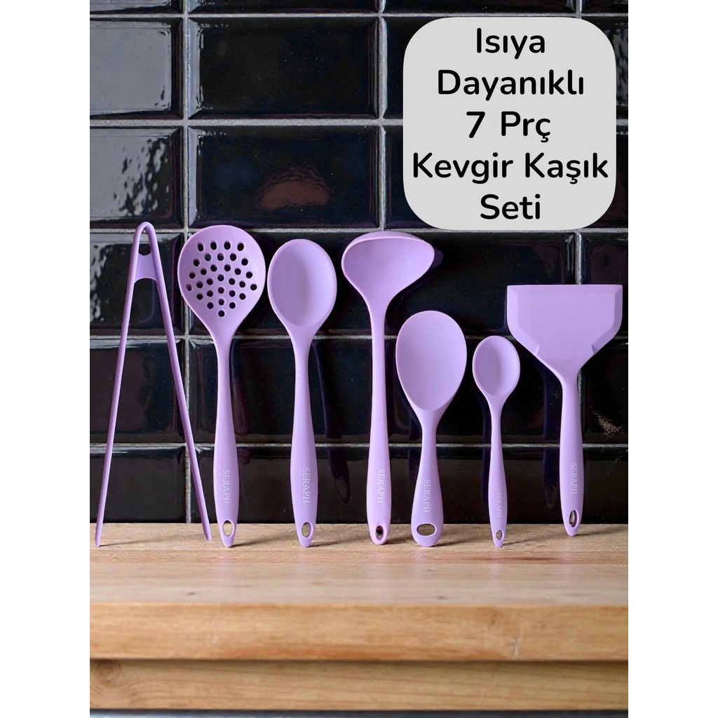 Seraph Isıya Dayanıklı Silikon Kevgir Kepçe Kaşık Spatula Maşa Seti 7 Parça - Lila Diğer Fiyatı