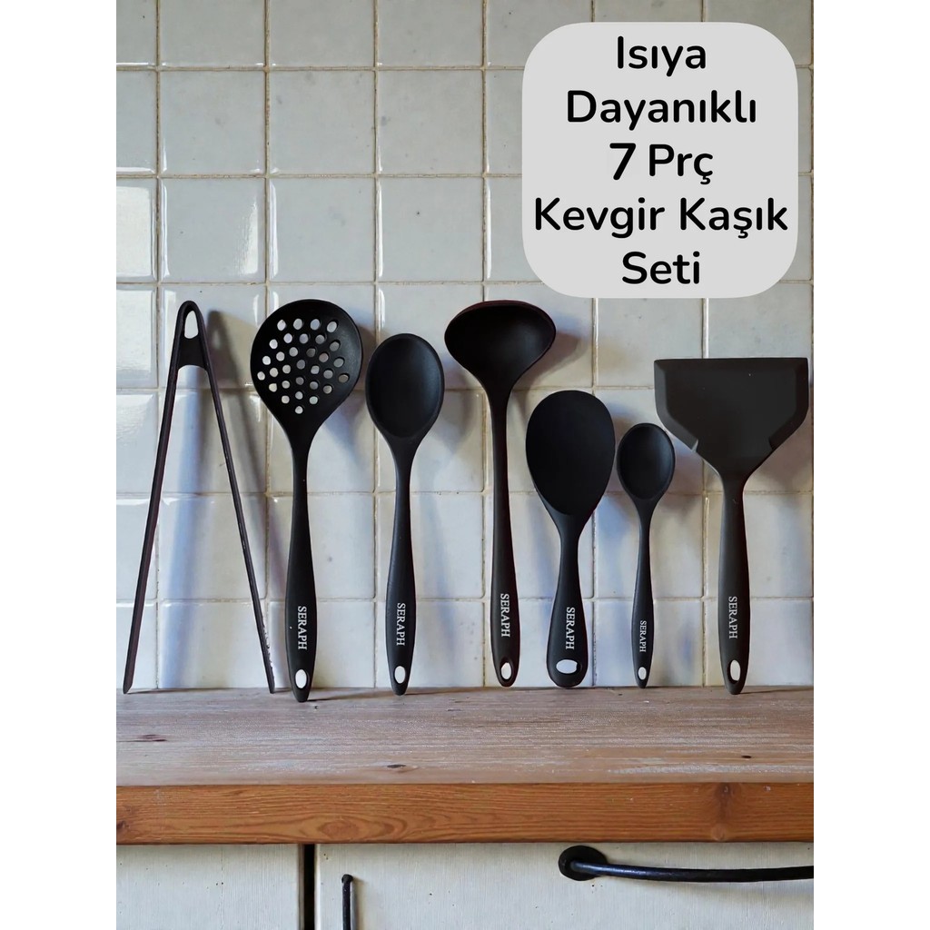Seraph Isıya Dayanıklı Silikon Kevgir Kepçe Kaşık Spatula Maşa Seti 7 Parça - Siyah Diğer Fiyatı