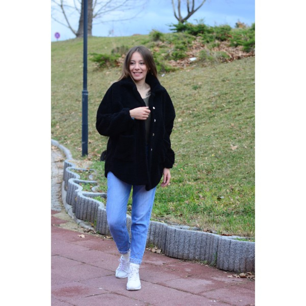 Serilda Moda Kadın Siyah Önden Düğmeli Peluş Mont Bayan Mont Fiyatı