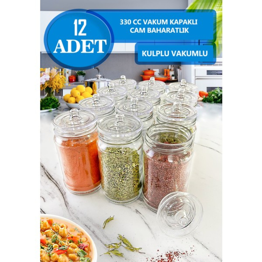 Serin Bardak 12 Adet Kulplu ve Vakum Kapaklı Cam Baharatlık Seti - Şeffaf - 330 ml Baharat Setleri & Baharatlıklar Fiyatı