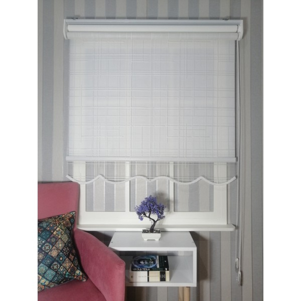 Serin Home Collection Kare Desen Yeni Sezon Çiftli Mekanizma Stor Tül ve Güneşlik - Beyaz - 40 x 200 cm Perde Fiyatı