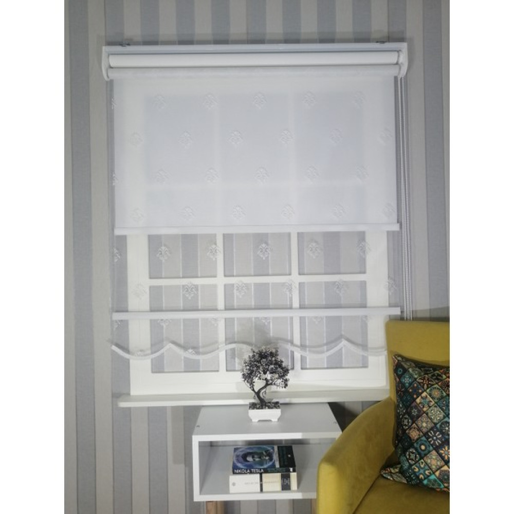 Serin Home Collection Küçük Damaks Desen Yeni Sezon Çiftli Mekanizma Stor Tül ve Güneşlik - Beyaz - 40 x 200 cm Perde Fiyatı
