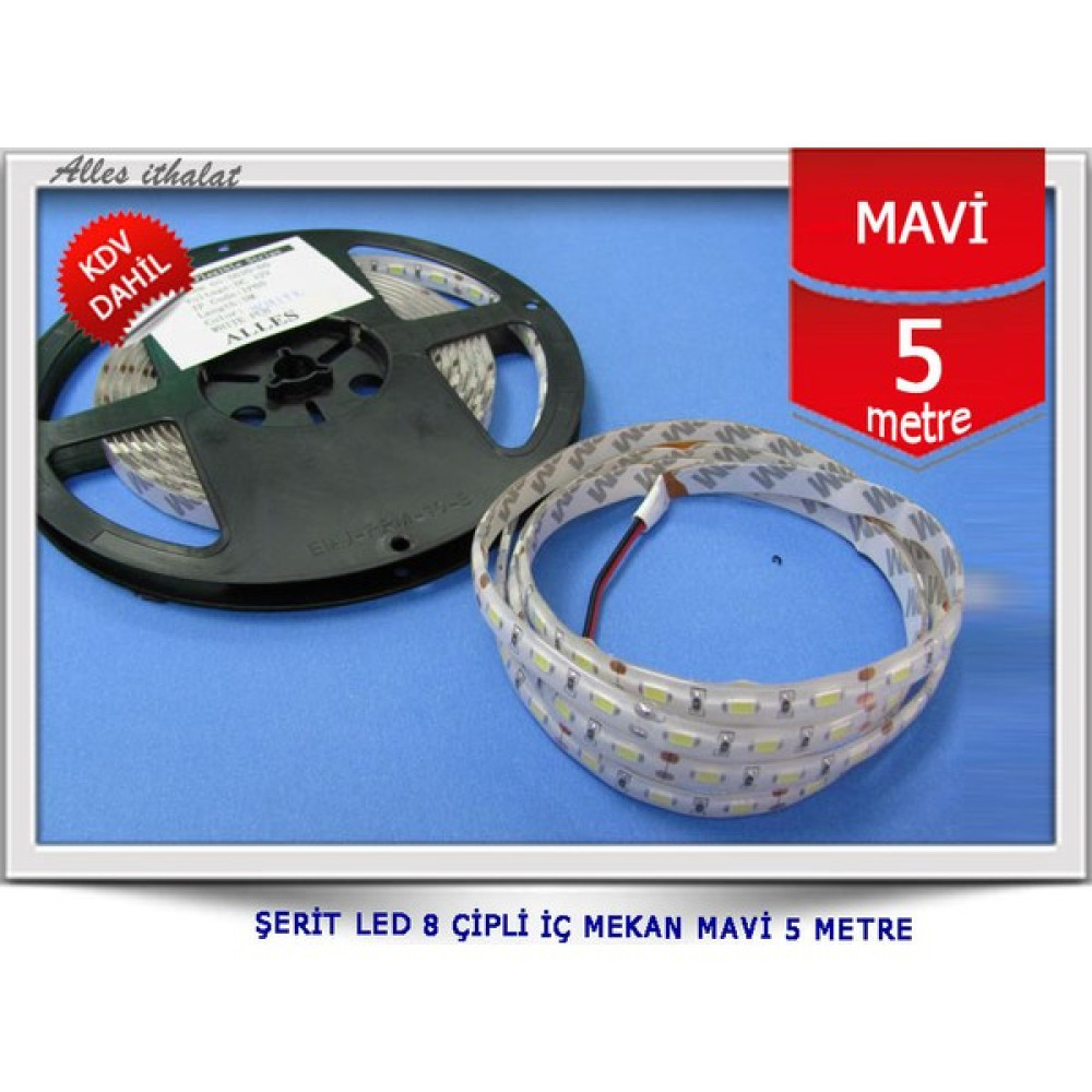 Şerit LED 8 Çipli Iç Mekan Mavi 5 Metre - 5 m Led Aydınlatmalar Fiyatı