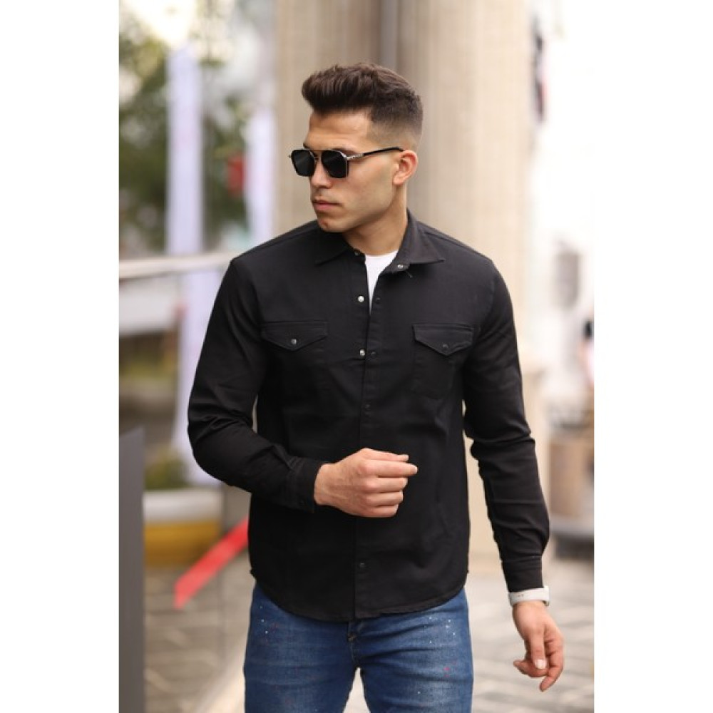 Serseri Jeans Siyah Renk Çıt Çıt Düğmeli Çift Cep Kot Gömlek Erkek Gömlek Fiyatı
