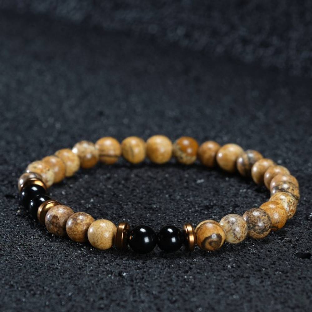 Sertifikalı Doğal Taş Kadın Erkek Bileklik Onix Jasper Ve Hematit 6mm Tasarım - 17-18 cm - Siyah - Sarı Saat ve Bileklik Aksesuarı Fiyatı