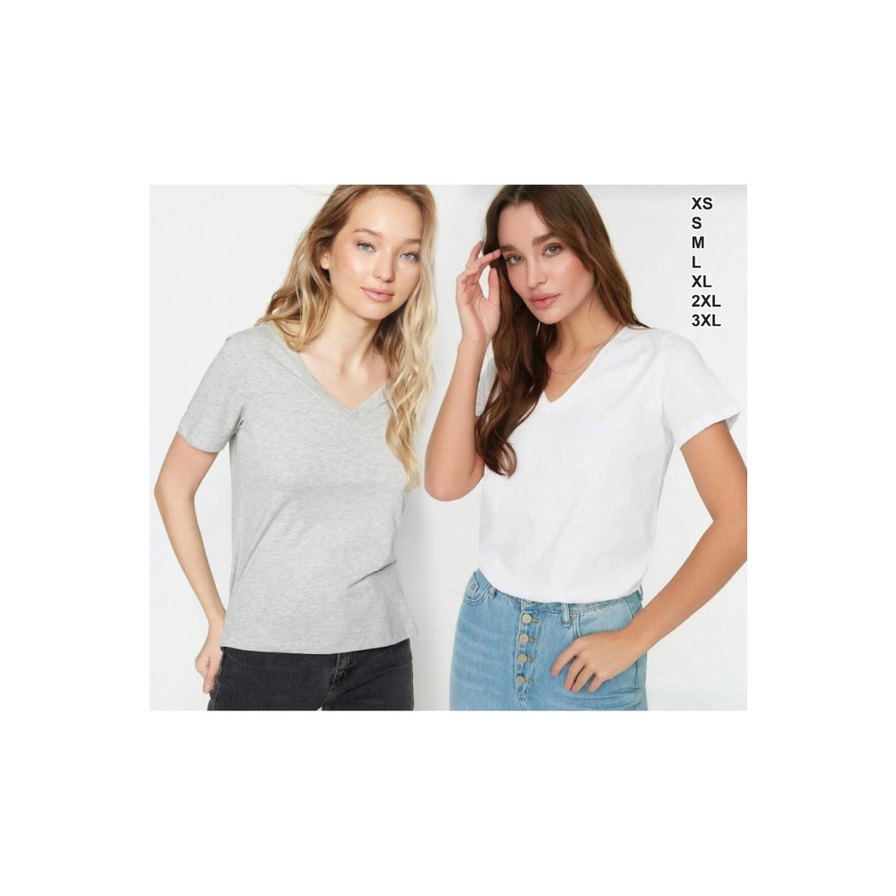Serüven Sport Süper Kalite Gri Ve Beyaz 2`li Paket V-yaka Kadın Basic Örme %100 Pamuk Penye T-shirt M Beden Bayan T-shirt Fiyatı