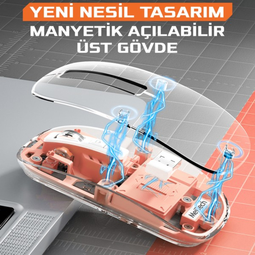 Sessiz Kablosuz Wireless Magic Mouse, Dpi 2400, Şarj Edilebilir, 2.4ghz+Bt 5.0, Meimouse - Pembe Klavye - Mouse Fiyatı