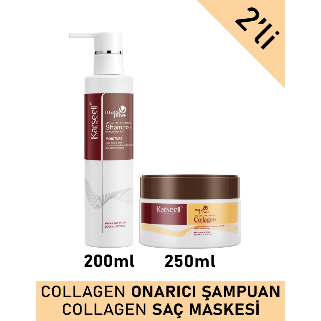 Set Maca Özü Onarıcı Repair Kolajen Saç Maskesi 250 ml + Maca Özü Nemlendirici Şampuan 200 ml Karsel Diğer Fiyatı