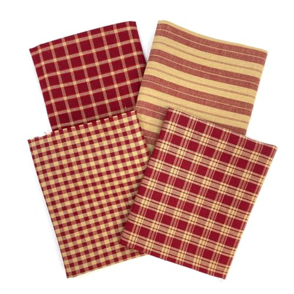Set of 4 Fat Quarters, Primitive Red Assorted Plaid Gingham Homespun Cotton Fabric Bundle by JCS