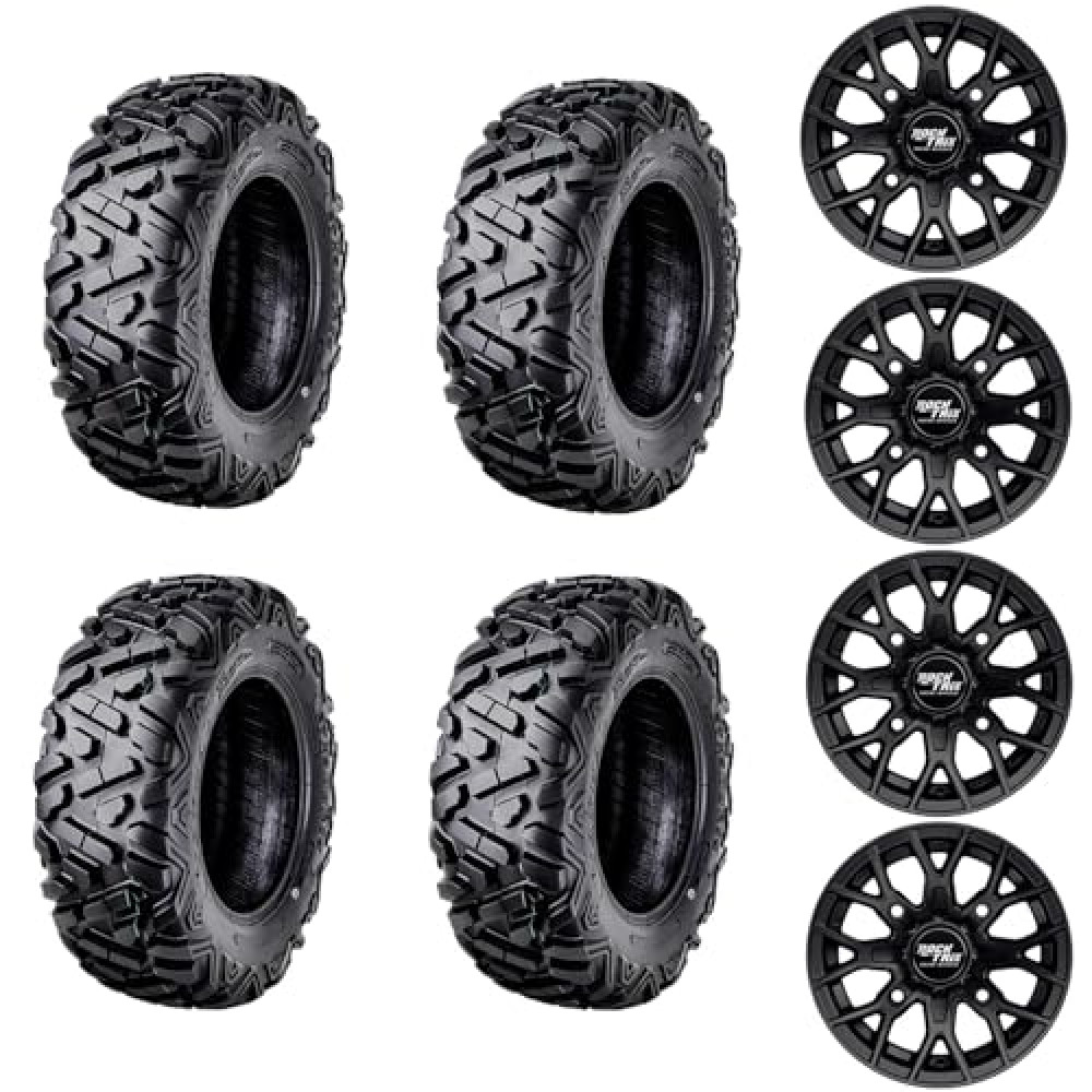 Set of 4 - RockTrix RT104 14in Wheels Rims 14x7, Wanda 30x10-14 Tires 6-Ply Radial, 4x156 4/156, 4+3 Offset, Compatible with Polaris ATV UTV SxS Applications - Matte Black