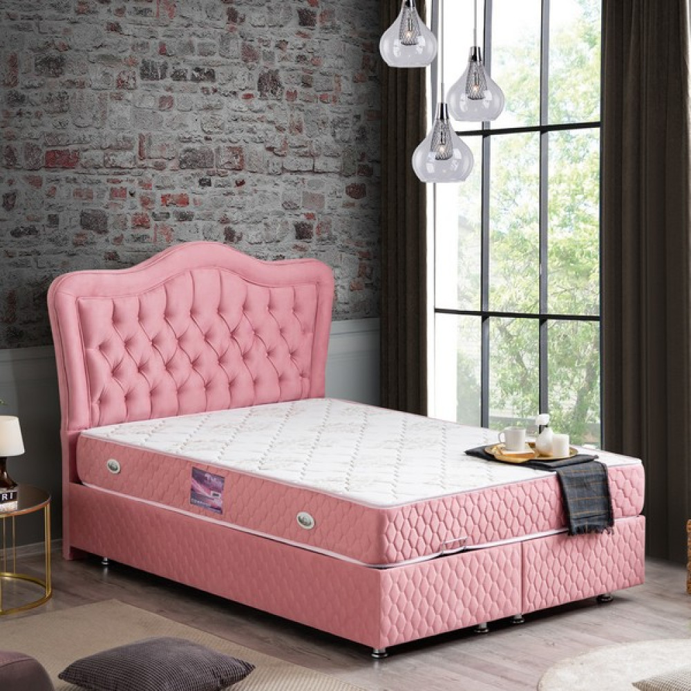 Setay Camelli Çift Kişilik Baza Başlık Delüx Yaylı Yatak, Pembe - 140 x 190 cm Baza Fiyatı