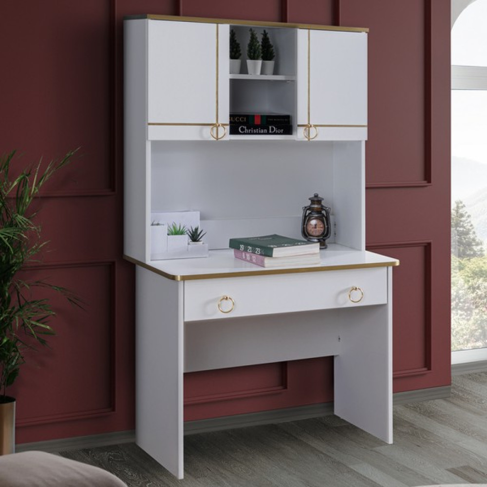 Setay Üniteli Bilgisayar Masası, Gold Çalışma Masası - 166 x 55 x 95 cm - Beyaz Çalışma Masası Fiyatı