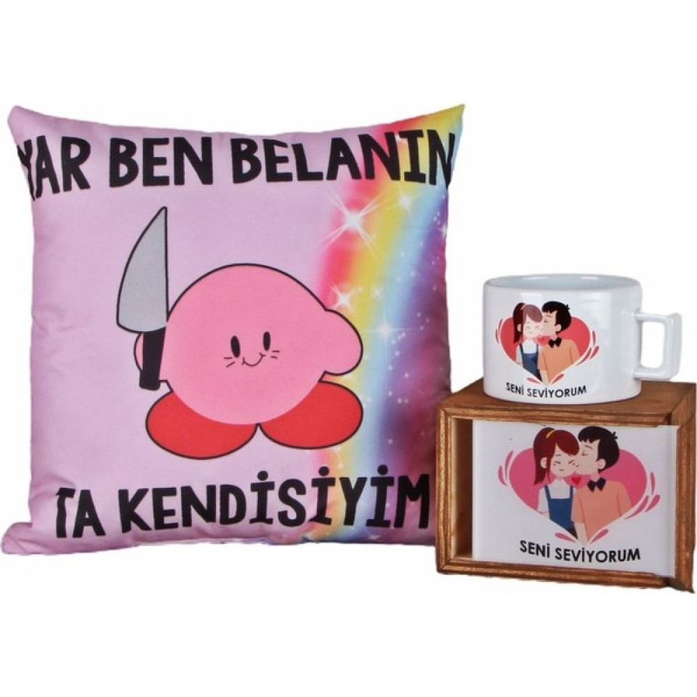 Setkanalı Başımın Tatlı Belası Puf Yastık Seni Seviyorum Ahşap Kutulu Kupa Sevgiliye Set Altın, Takı & Aksesuar Fiyatı