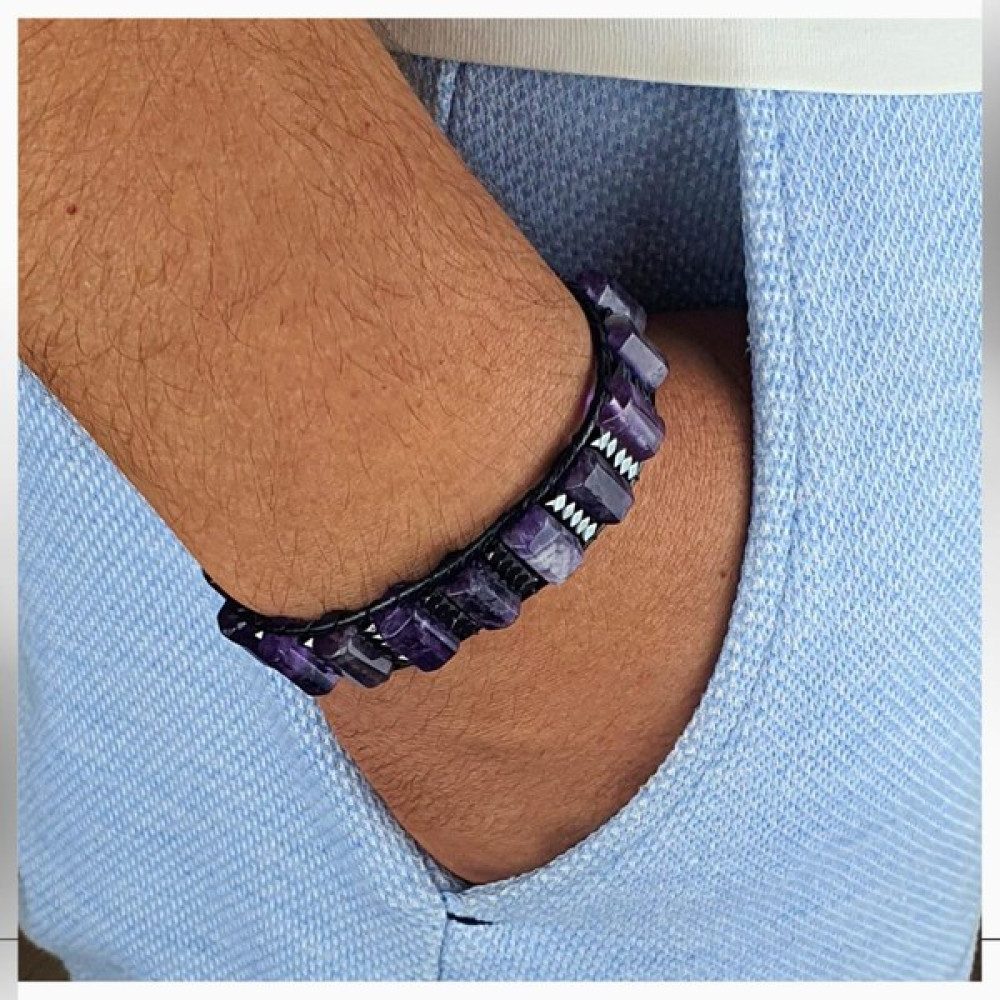 Seven Art Jewelry Doğal Taş Bileklik, Ametist Bileklik, Silindir Bileklik, Kadın Bileklik, Erkek Bileklik - 18 cm - Mor Saat ve Bileklik Aksesuarı Fiyatı
