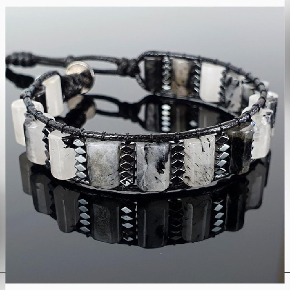 Seven Art Jewelry Doğal Taş Bileklik / Rutil Kuvars Bileklik / Silindir Bileklik / Erkek Bileklik / Kadın Bileklik - 18 cm - Siyah Saat ve Bileklik Aksesuarı Fiyatı