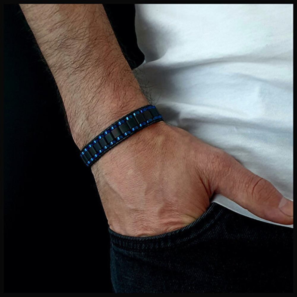 Seven Art Jewelry Doğal Taş Hematit Mavi Kenar Şeritli Bileklik - 16 cm - Siyah - Mavi Saat ve Bileklik Aksesuarı Fiyatı