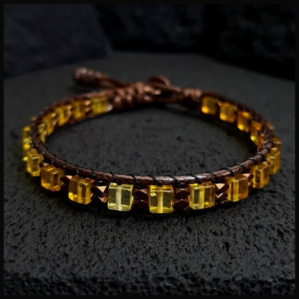 Seven Art Jewelry Kehribar Bileklik, Hematit Bileklik, Slim İnce Bileklik - 18 cm - Sarı Saat ve Bileklik Aksesuarı Fiyatı