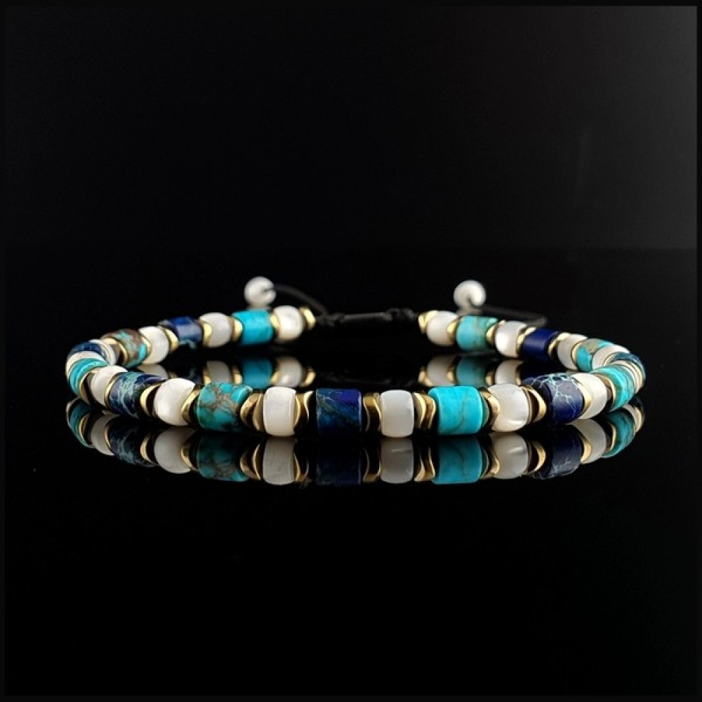 Seven Art Jewelry Turkuaz, Hematit ve Sedef Taşları Slim Doğal Taş, Makrome Bileklik, Ayarlanabilir Saat ve Bileklik Aksesuarı Fiyatı