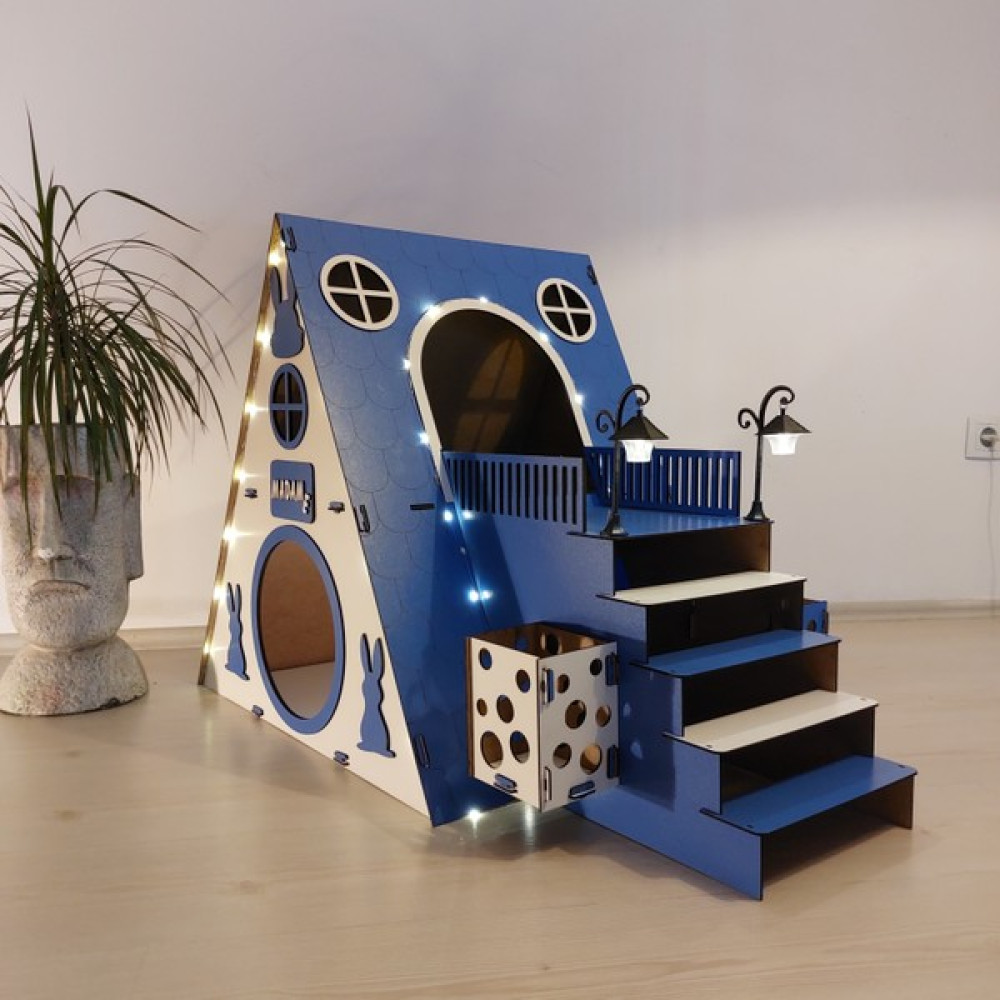 Seventeen Design Mavi Bungalov Tavşan Evi, Bungalov Tavşan Yuvası, Tavşan Evi, Tavşan Yuvası, Tavşan Oyun Alanı Evcil Hayvan Ürünleri Fiyatı