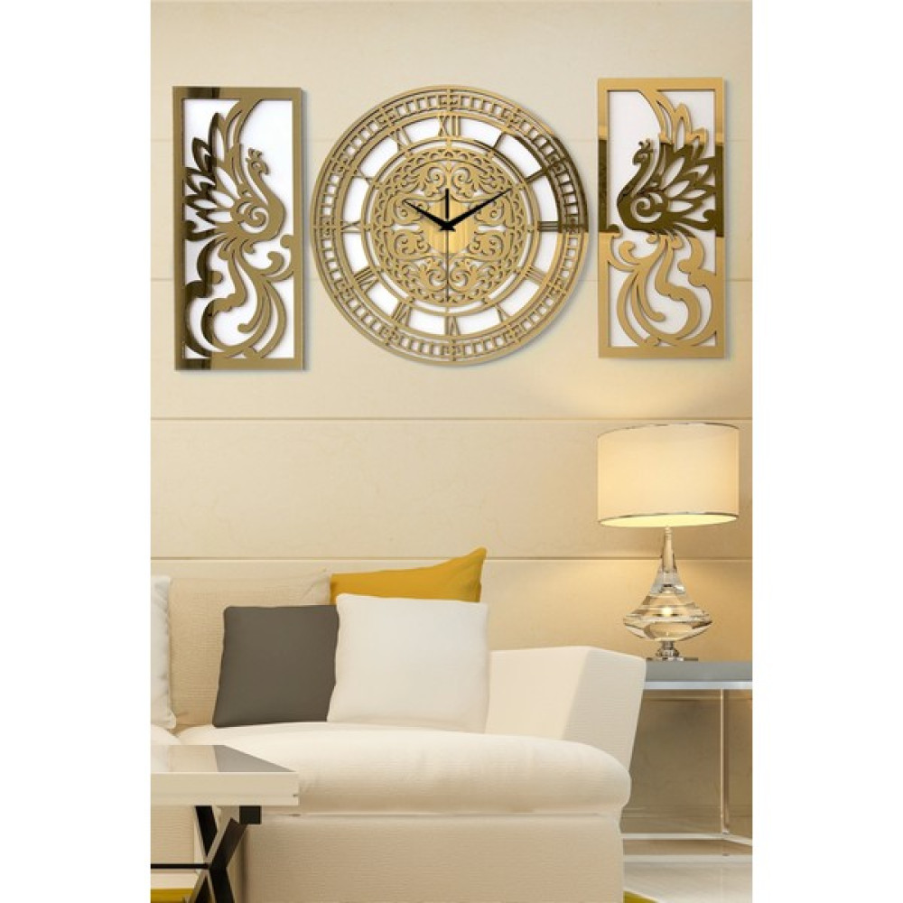 Sevgi Craft Dekoratif 3lü Pleksi Gold Aynalı Duvar Saati ve Dekoru - Beyaz - Gold - 40 cm Dekoratif Saat Fiyatı