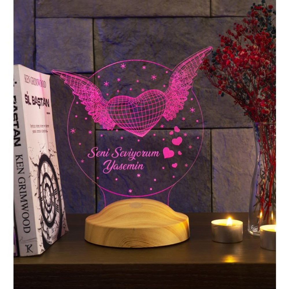 Sevgi Lambası Sevgiliye Hediye, Eşe Hediye, Melek Sevgiliye Hediye, Kişiye Özel 3D LED Lamba Kanatlı Kalp Gece Lambası Fiyatı
