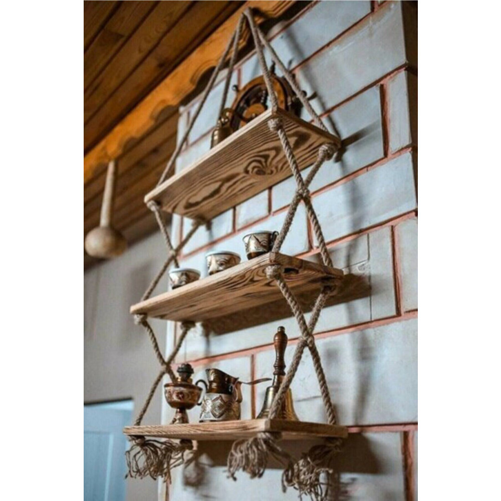 Sevim Design Retro Ahşap 3 Gözlü Halatlı Duvar Rafı Kitaplık&çiçeklik Duvar Rafı Fiyatı