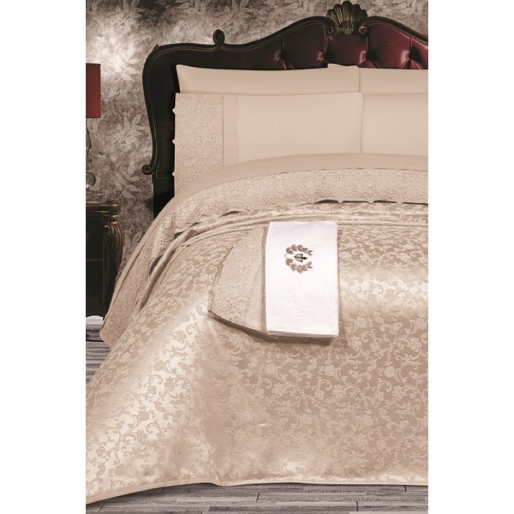 Sevim Tivoli 8 Parça Çeyizlik Set- Havlulu Şönil Pike Takımı- Gelin Seti-Nirvana - Bej - 240 x 260 cm Yatak Örtüsü Fiyatı