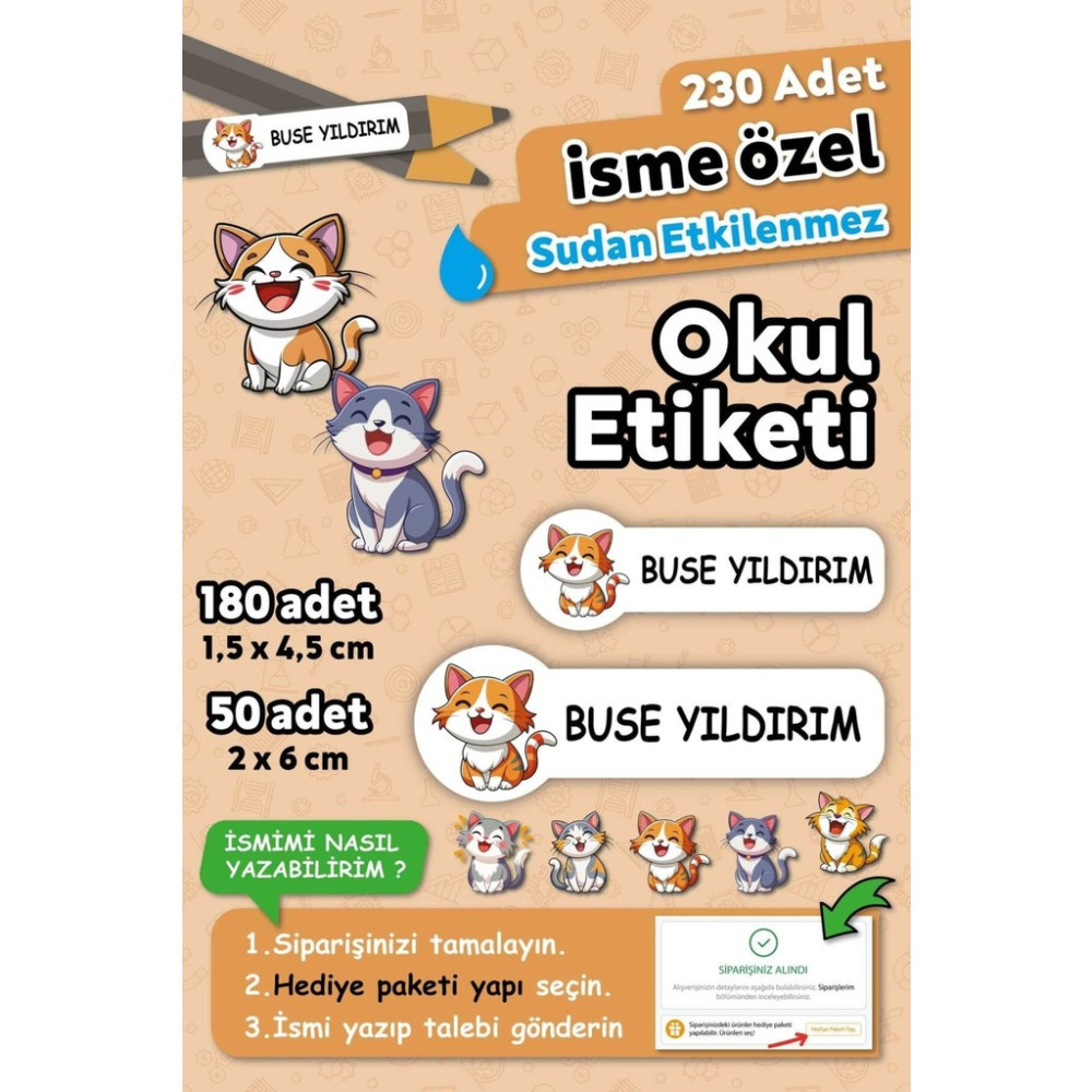 Sevimli Kediler Tasarımlı Isimli Defter Kalem Okul Etiketi, Yırtılmaz Pvc Etiket, Suya Dayanıklı - 230 Adet - Beyaz Okul Etiketi Fiyatı