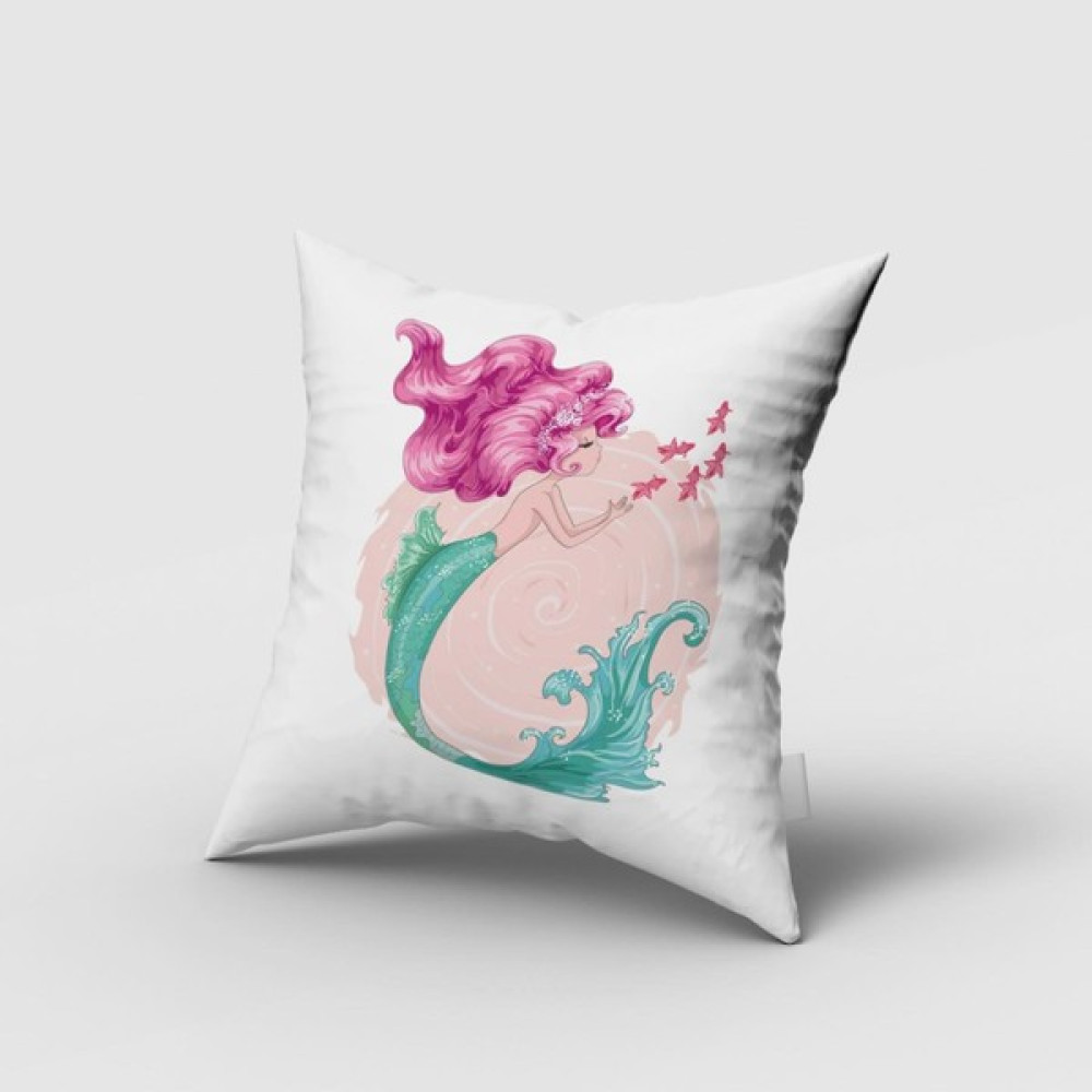Sevimli Prenses Deniz Kızı, Çift Taraflı, Ithal Kadife Kumaş, Çocuk Bebek Odası Kırlent Kılıfı - 45 x 45 cm - Açık Yeşil Kırlent / Mobilya Yastığı Fiyatı