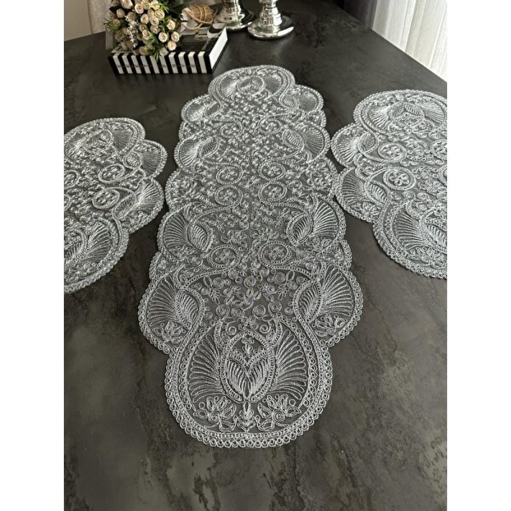 Sewev Salon Takımı 3 Parça Dantelli Masa Örtüsü Runner Seti - 30 x 80 cm - Gümüş Masa Örtüsü Fiyatı