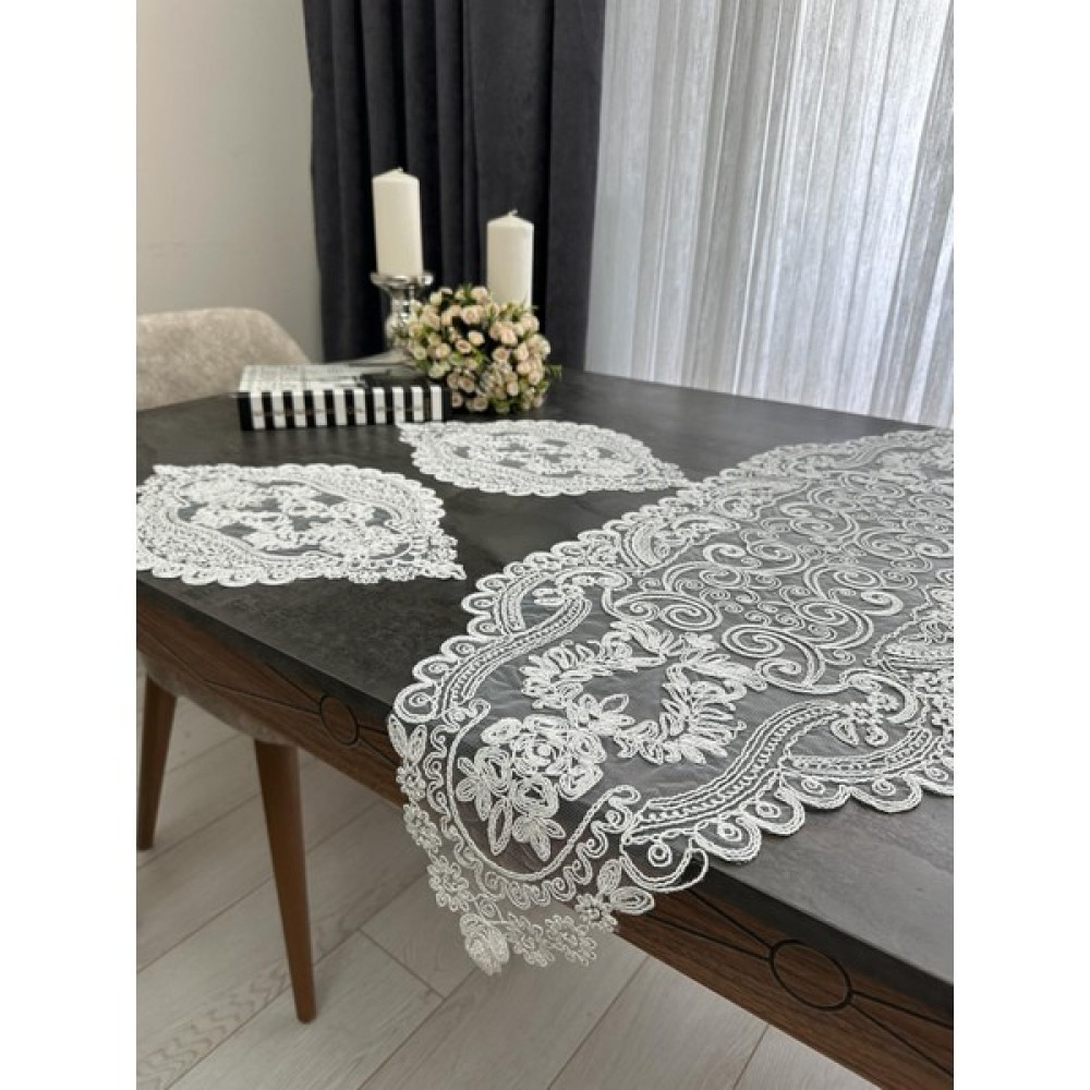 Sewev Salon Takımı 3 Parça Dantelli Masa Örtüsü Runner Seti - 35 x 115 cm - Ekru Masa Örtüsü Fiyatı