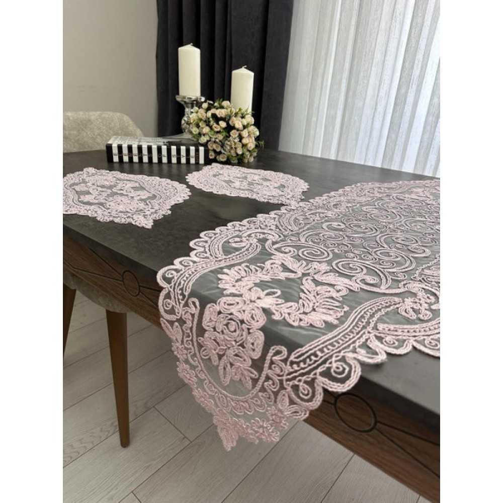 Sewev Salon Takımı 3 Parça Dantelli Masa Örtüsü Runner Seti - 35 x 115 cm - Pembe Masa Örtüsü Fiyatı
