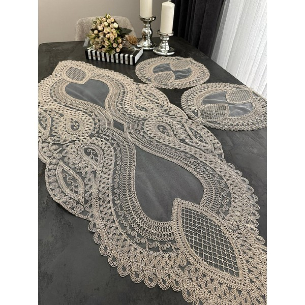 Sewev Salon Takımı 3 Parça Dantelli Masa Örtüsü Runner Seti - 35 x 125 cm - Cappuccino Masa Örtüsü Fiyatı
