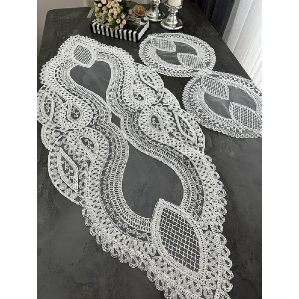 Sewev Salon Takımı 3 Parça Dantelli Masa Örtüsü Runner Seti - 35 x 125 cm - Ekru Masa Örtüsü Fiyatı