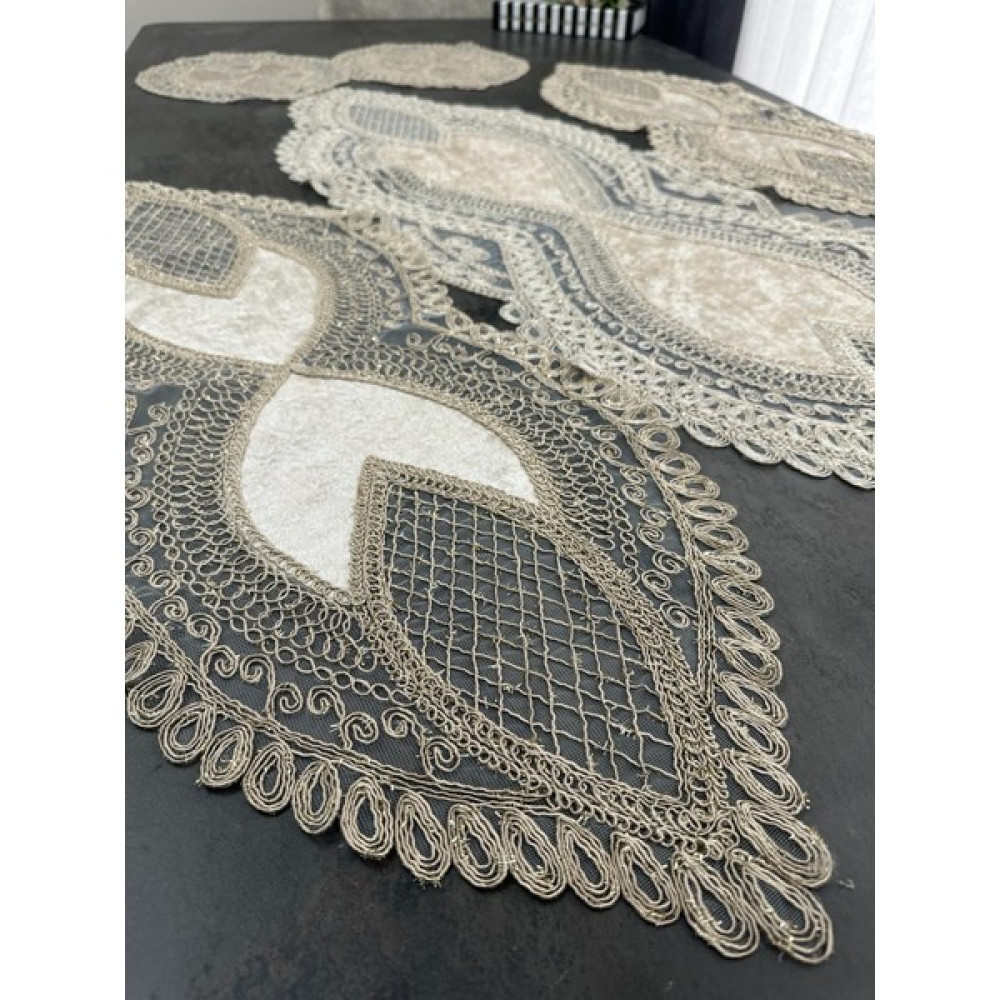 Sewev Salon Takımı 5 Parça Dantelli Masa Örtüsü Runner Seti - 35 x 100 cm - Cappuccino Masa Örtüsü Fiyatı