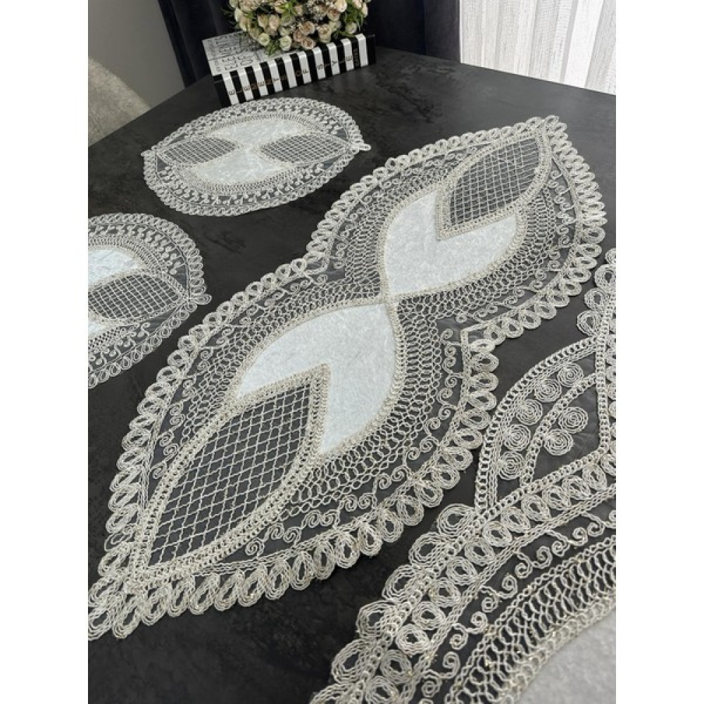Sewev Salon Takımı 5 Parça Dantelli Masa Örtüsü Runner Seti - 35 x 100 cm - Ekru Masa Örtüsü Fiyatı