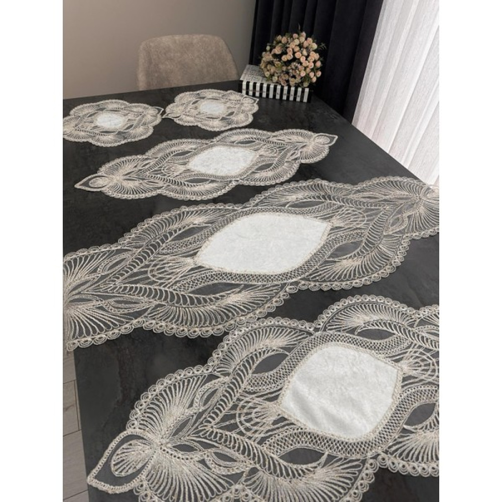 Sewev Salon Takımı 5 Parça Dantelli Masa Örtüsü Runner Seti - 35 x 120 cm - Cappuccino Masa Örtüsü Fiyatı